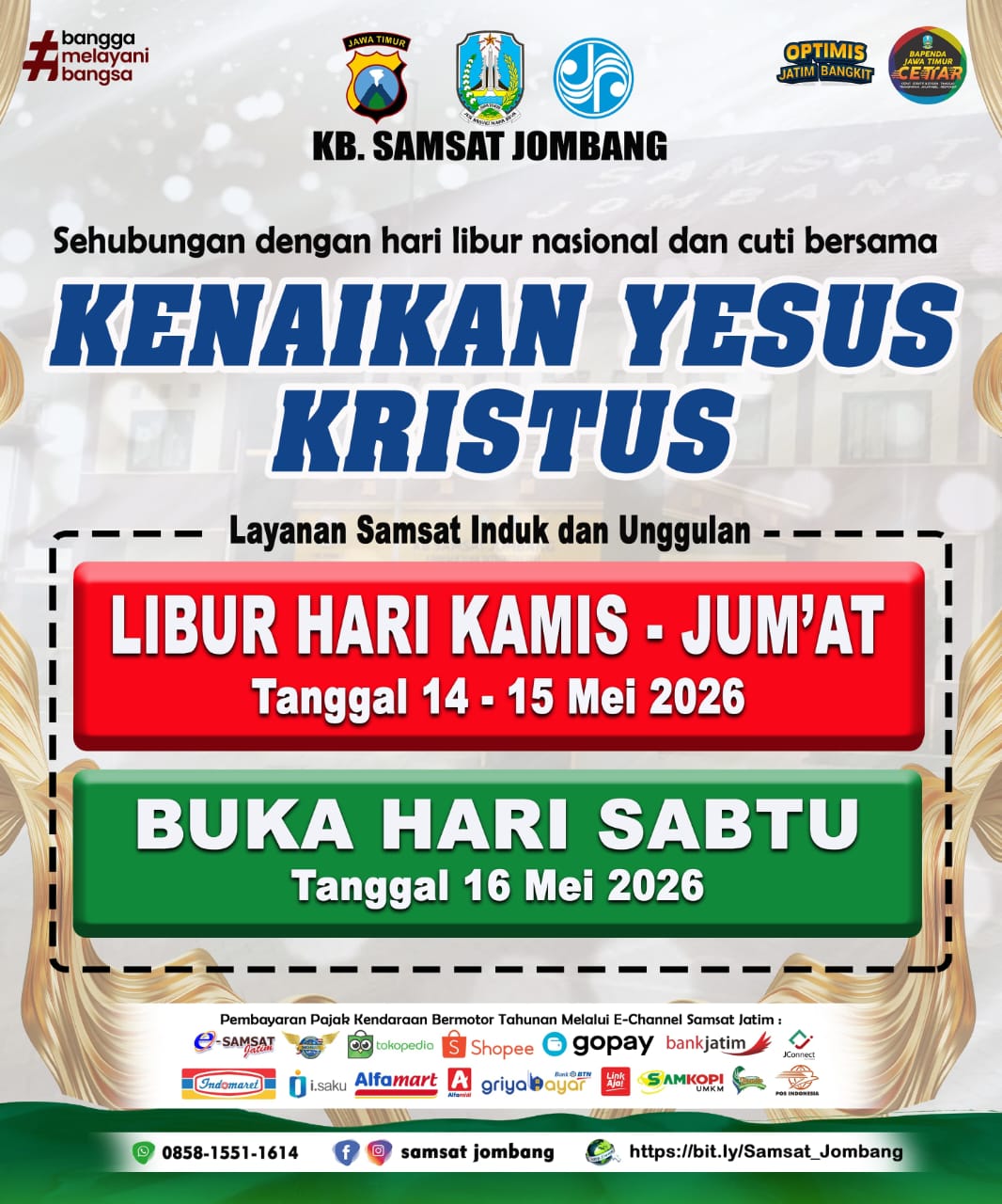 Hari Libur Pelayanan Samsat Jombang tanggal 14 – 15 Mei 2026